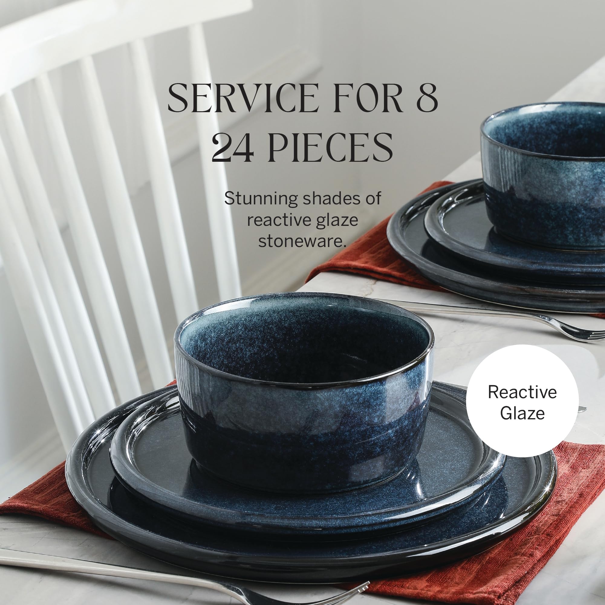 Stone Lain Eden 24-Piece Dinnerware Set Stoneware, Plates and Bowls Set, Dishwasher and Microwave Safe Dish, Dish Set for 8, Dark Blue