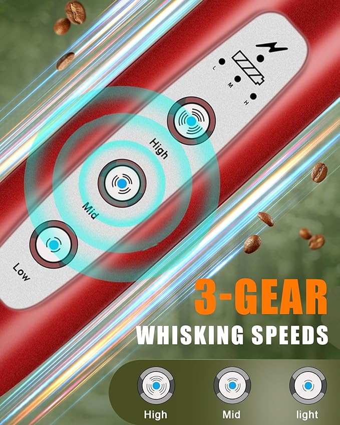 YUSWKO Rechargeable Milk Frother for Coffee, Handheld Drink Mixer with 3 Heads 3 Speeds, Ideal Electric Stirrers for Travel, 01FROTHER_RED-TRAVEL3