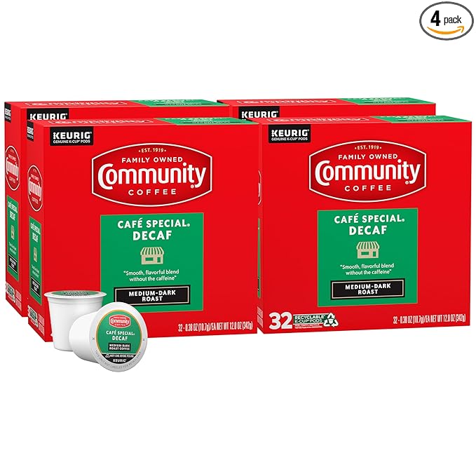 Community Coffee Café Special Decaf Medium-Dark Roast Single Serve Keurig K-Cup Pods 32 Count Box (Pack of 4)