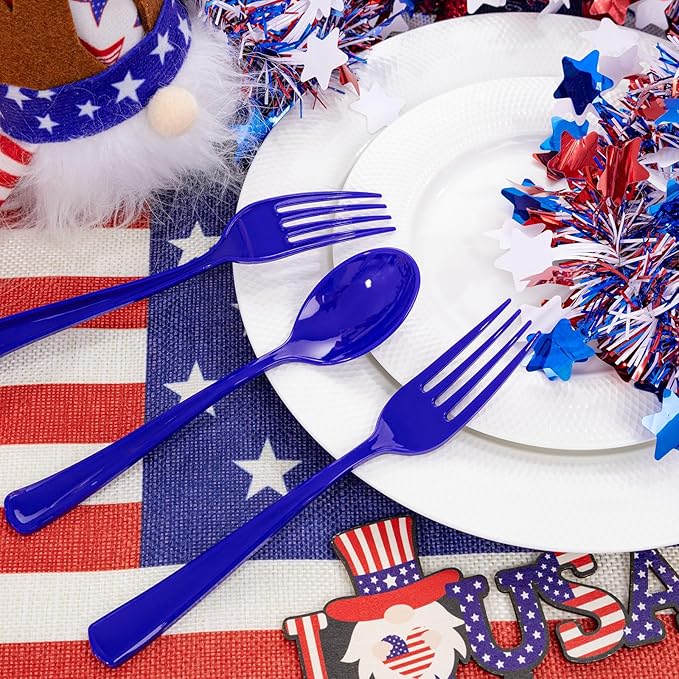 Liacere 100Pack Pre Rolled Blue Silverware and Napkin-Disposable Blue Plastic Utensils-Plastic Cutlery Set with Napkin:100 Forks,100 Knives,100 Spoons,100 Napkins for Wedding&Party&Independence Day