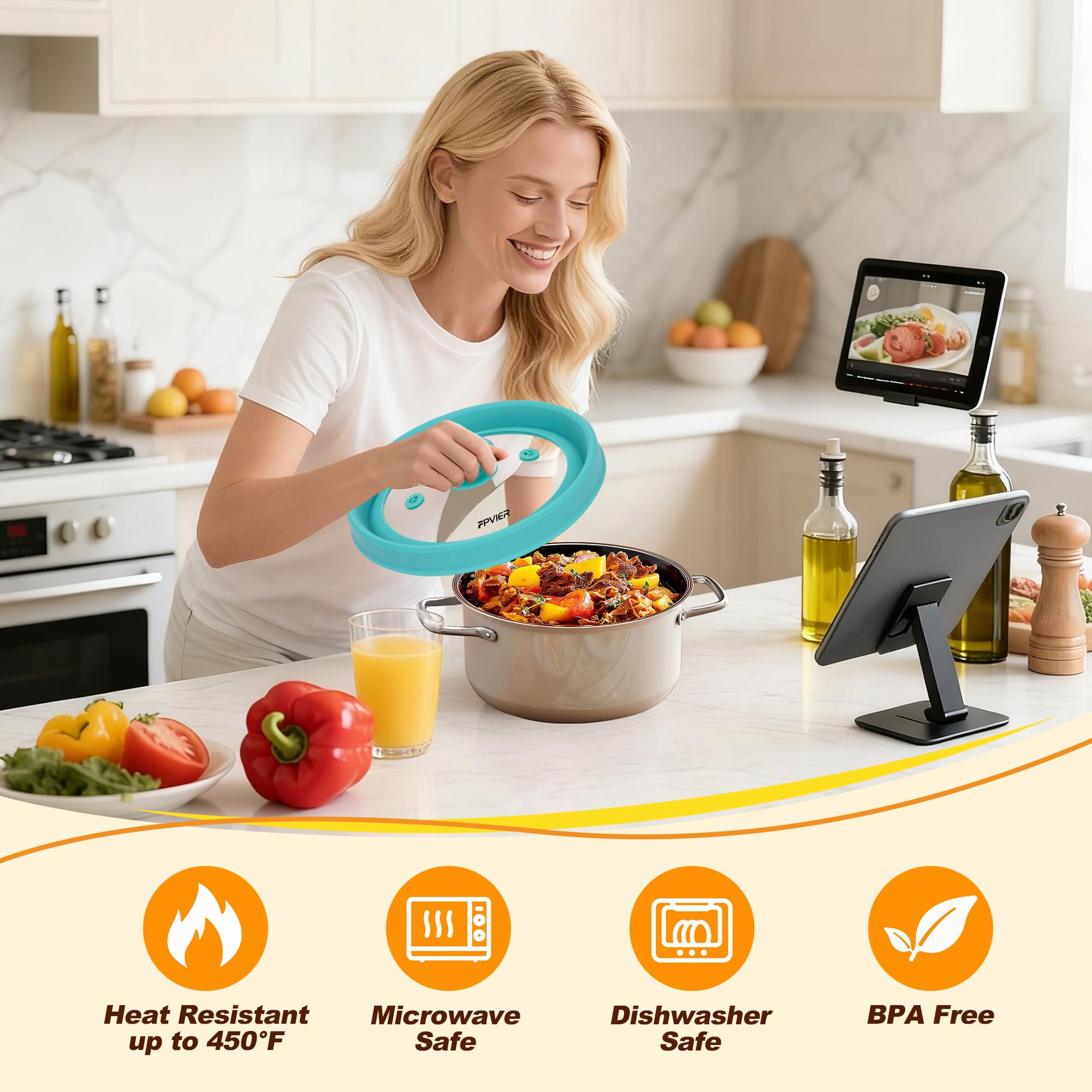 Microwave Splatter Cover, Vented Silicone & Glass Anti-Splatter Lid with Handle, Collapsible Food Plate Cover Fits 6–11 Inch Plates and Bowls (Blue, 9inch)
