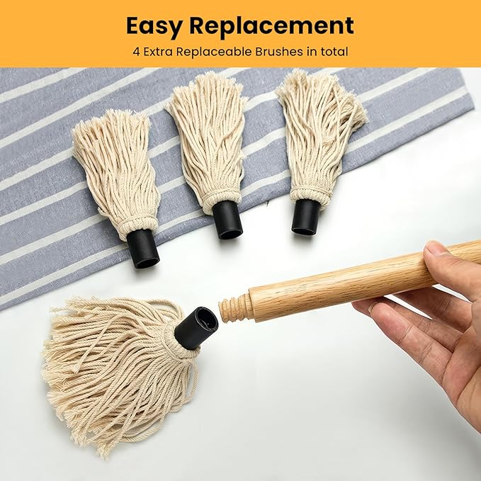 GEEKHOM BBQ Mop Brushes Wooden Handle: 18+14 Inch Long with 6 Cotton Replacement Heads for Basting Sauce Grilling & Smoking