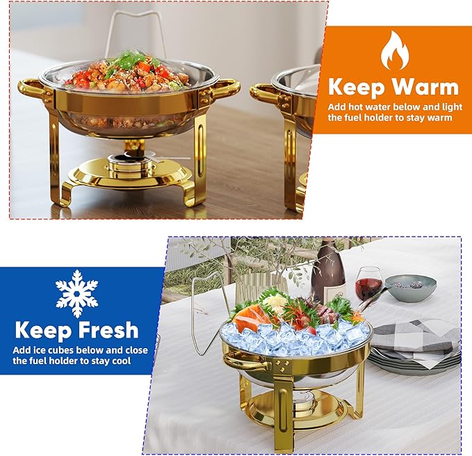 EffiQ-Rate 5QT Round Chafing Dishes for Buffet, Gold, 4 Pack