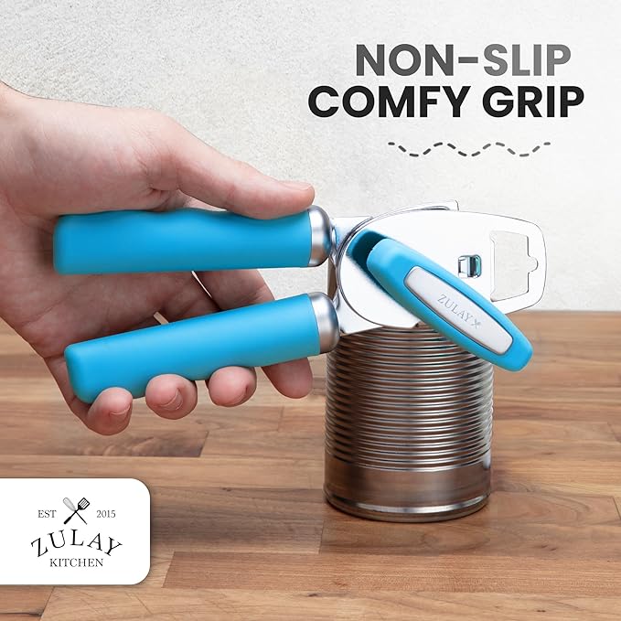 Zulay Kitchen Heavy Duty Stainless Steel Can Opener Manual with Bottle Opener - Rust Proof Manual Can Opener With Turn Knob & Comfy Soft Grip Handles - Aqua