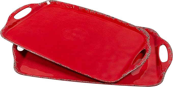 ZAROCRUS Christmas Large Melamine Serving Tray with Handle, Crackled Rustic Rectangle Melamine Serving Platter for Serving Food, Coffee Table Tray, Entertaining & Party Use, Set of 2, Christmas Red