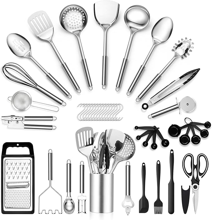 E-far Stainless Steel Cooking Utensil Set, 39-Piece Metal Kitchen Utensils