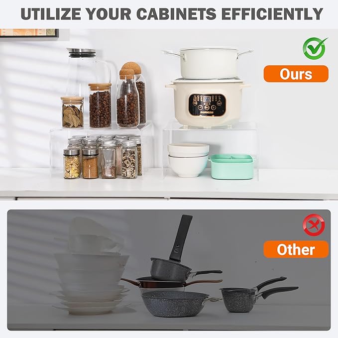 Clear Acrylic Cabinet Organizer Shelf 2Pcs, Stackable Cabinet Shelves, Dish Organizer for Cabinet, Kitchen Cabinet Organizer Riser, Pantry Cupboard Storage for Spice Bottles, Mugs, Small Plates & Jars