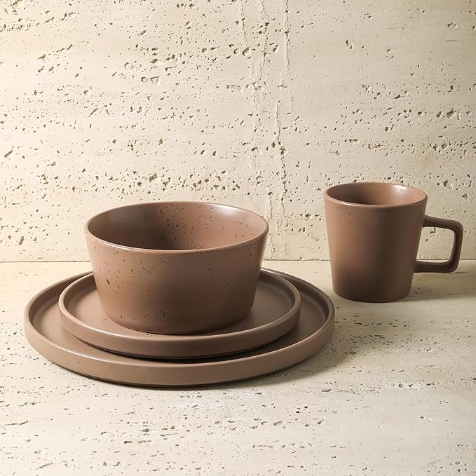 Stone Lain Celina Stoneware 16-Piece Modern Dinnerware Set, Plates and Bowls, Matte Brown, Service For 4, Microwave & Dishwasher Safe