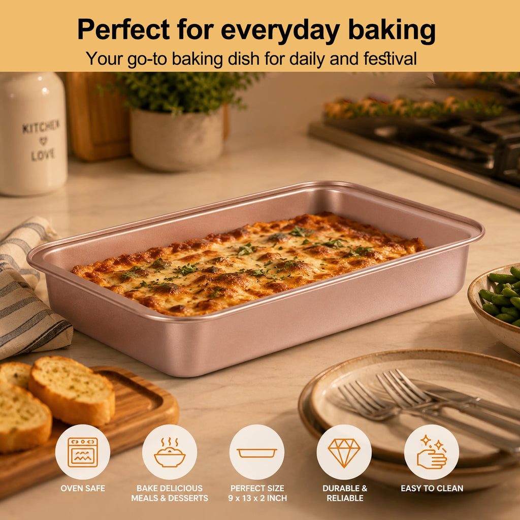 Barlket 9x13 Baking Pan & Dish, 13x9 Nonstick Rectangle Cake Pan, Rose Gold