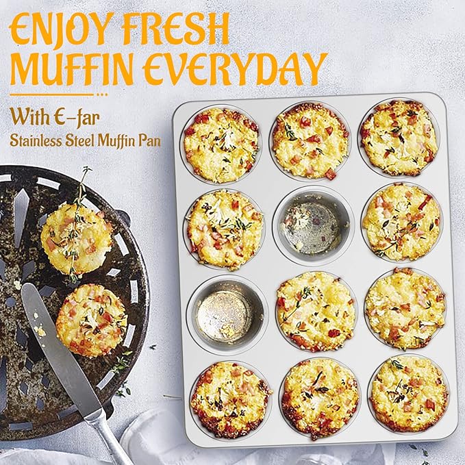 E-far Muffin Pan 12-Cup, Stainless Steel Cupcake Pan for Oven