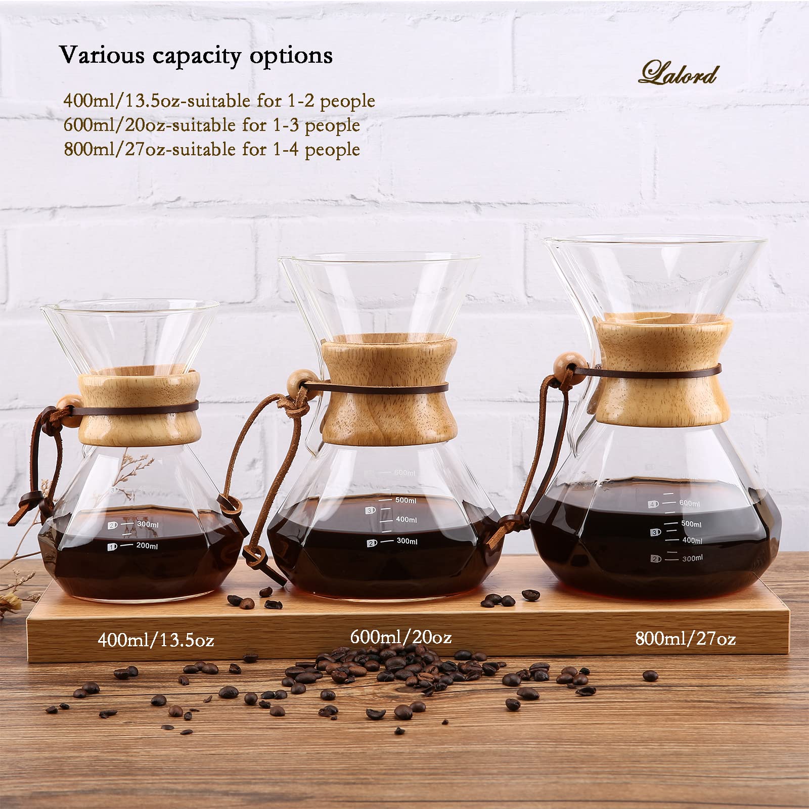 Lalord Pour Over Coffee Maker, 400ml/13.5oz Borosilicate Glass Carafe with Stainless Steel Filter & Modern Wooden Collar, 2 Cups Capacity, Clear