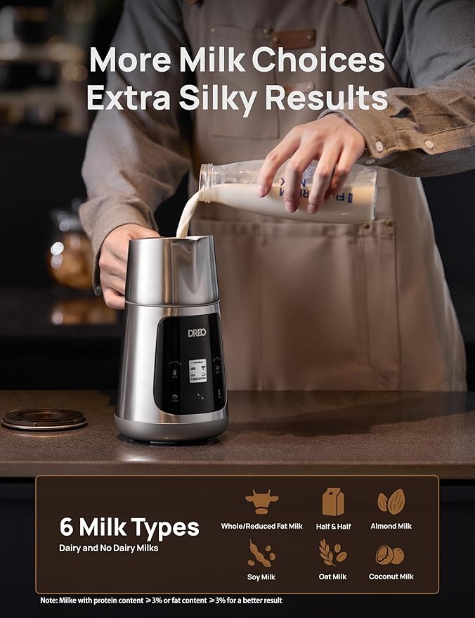 DREO Milk Frother, All-in-1 Electric Foam Maker for Coffee, 15oz/450ml Automatic Foam Frother for Latte Art-level Microfoam, 30+ Drinks, Easy to Clean, Dishwasher Safe, LED display