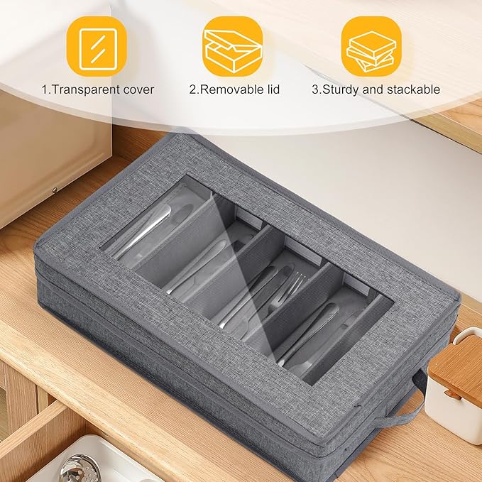 Lafulling Silverware Storage Box, Flatware Storage with Adjustable Dividers