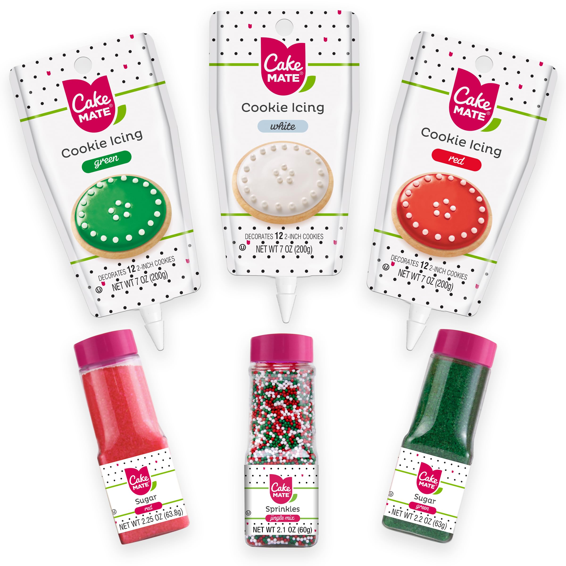 Cake Mate Christmas Cookie Decorating Kit – Red & Green Decorating Sugar (2.25 oz), White, Red & Green Cookie Icing Pouches (7 oz), Jingle Mix Non Pareil (2.1 oz) – Holiday, Cake, Cupcake & Dessert