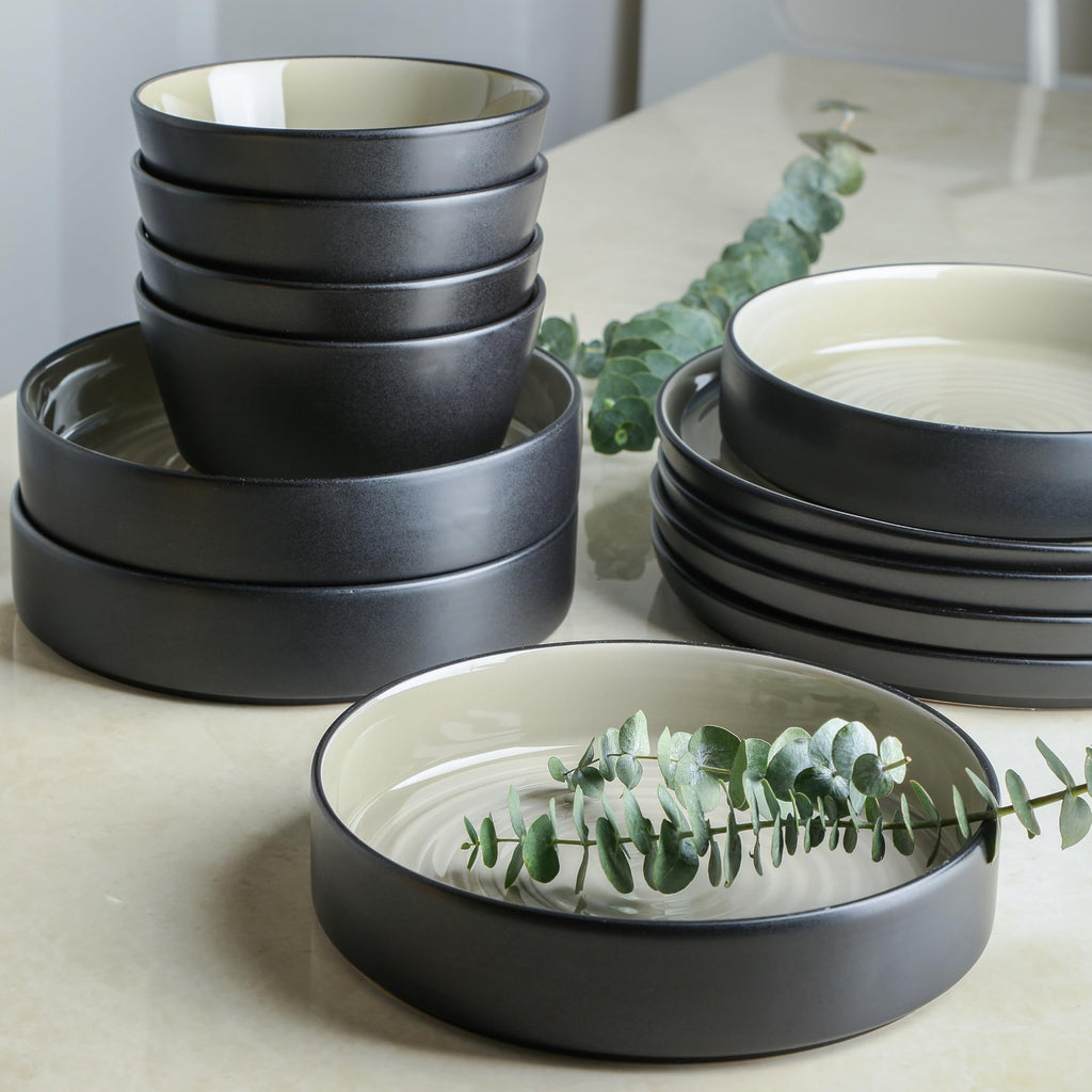 Stone Lain Elica 24-Piece Modern Dinnerware Set Stoneware, Plates and Bowl Sets for 8, Beige and Black