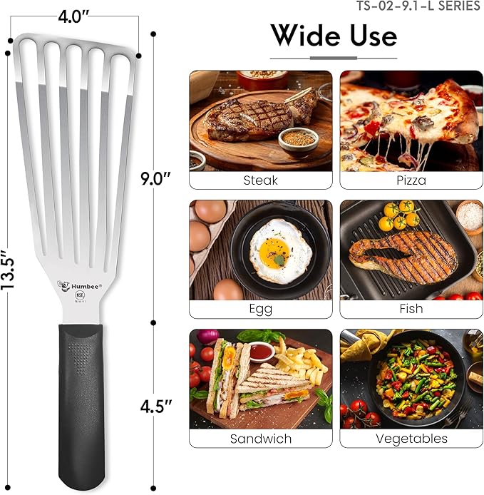 HUMBEE 9 Inches Fish Turner, Slotted Fish Spatula Dishwasher Safe NSF (Left Hand), Shovel Black