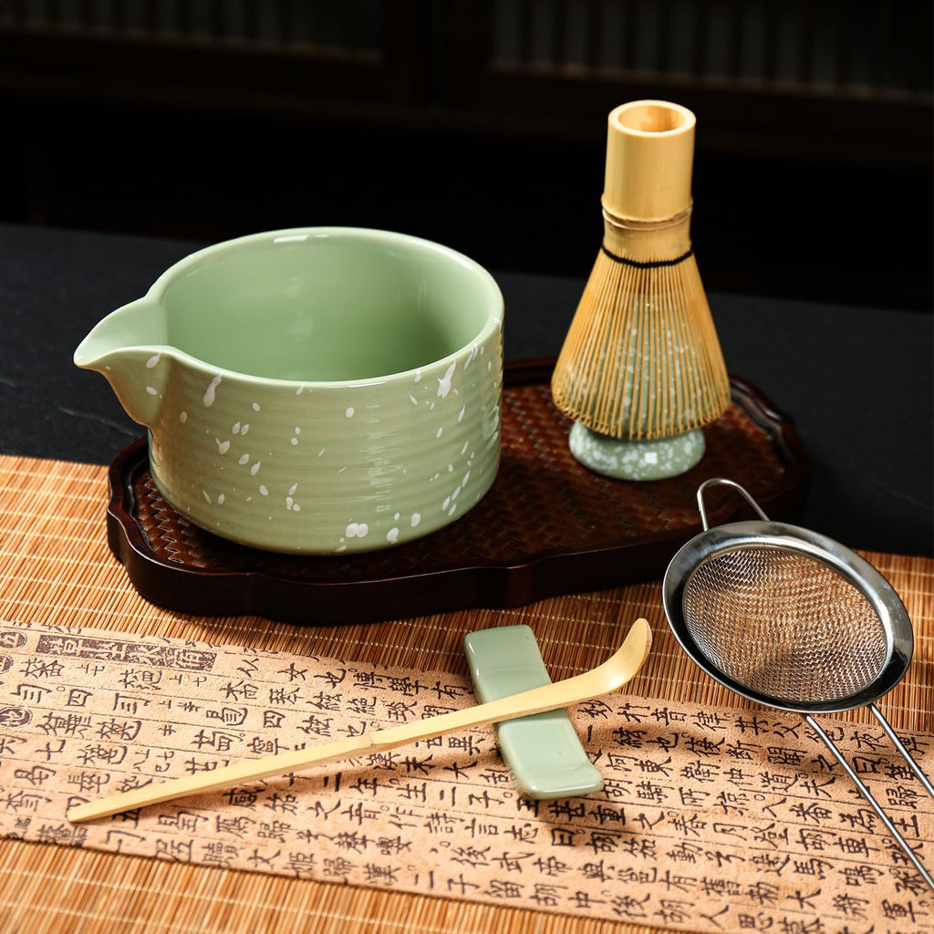Matcha Whisk Set, Ceramic Matcha Set Includes Matcha Bowl with Spout, Whisk & Holder, Bamboo Scoop, Stainless Sifter, Towel, Matcha Kit Making Tools,Light Green,7 PCS
