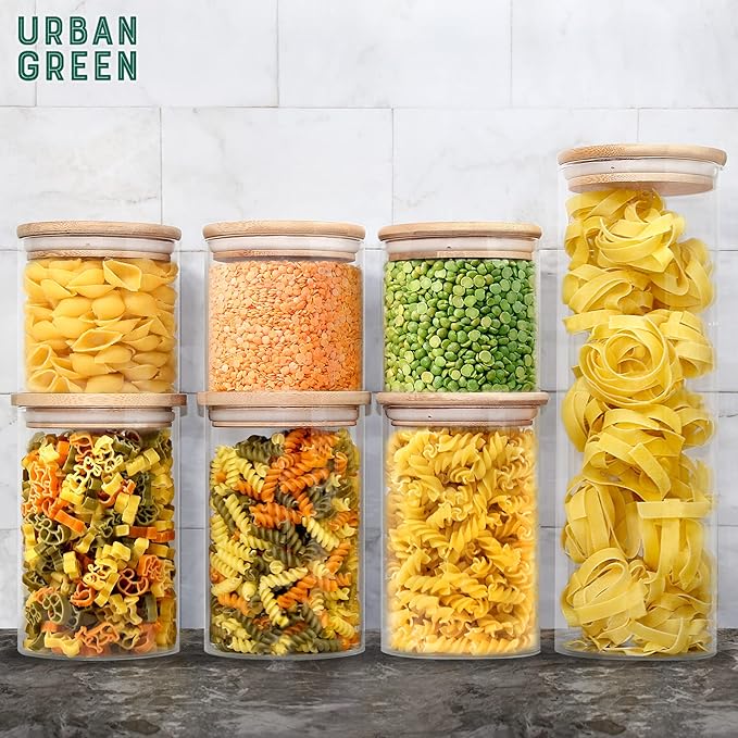 Urban Green Glass Jars with Airtight Lids, Airtight Glass Canisters with Locking Lids, (Bamboo-20oz-30oz)