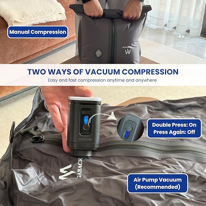 Megaback Vacuum Bags for Travel, IP67 Reusable Vacuum Seal Bags for Clothing with Electric Pump, Vacuum Seal Packing cube for Suitcases, Backpack & Travel (2PC+Pump)