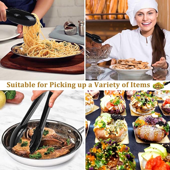 Mwellewm 12 Pc Serving Tongs 9 Inch Bulk Reusable or Disposable Plastic Tongs Heavy Duty Hard Plastic Serving Utensils Set Large Salad Tong for Kitchen Party Food Buffet Appetizer Catering(Black）
