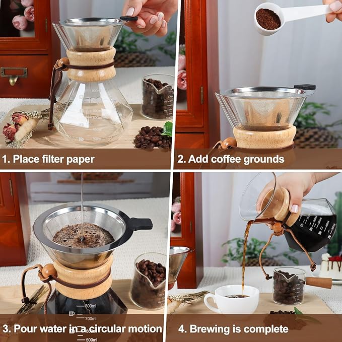 DITOSH Pour Over Coffee Maker 800ml 27.1oz Glass Drip Coffee Maker with 304 Stainless Steel Filter High Borosilicate Glass Duckbill Spout Solid Wood Handle Pour Over Coffee Dripper for Daily Brewing