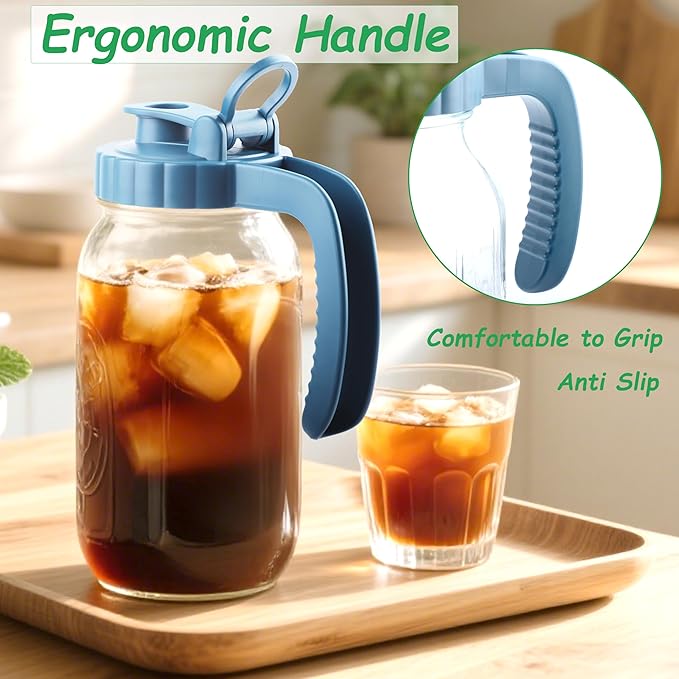 GMAEURL Mason Jar Pitcher With Stainless Steel Filter 64 OZ Wide Mouth Cold Brew Coffee Maker 2 Quart Glass water pitcher with lid Half Gallon Cold hot Tea maker For Lemonade Milk Juice Refrigerator