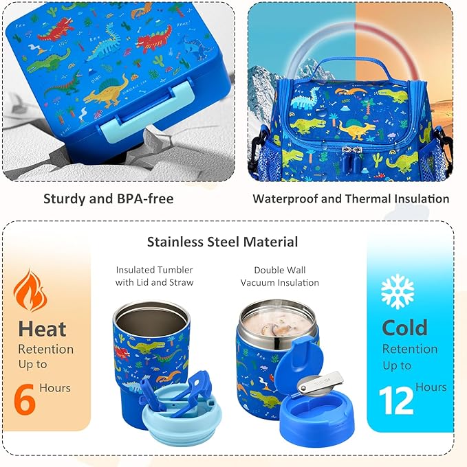 Pawtong Lunch Box Set with Bento Box Container, 17OZ Stainless Steel Food Soup Thermo, Kids Water Bottle & Portable Insulated Lunch Bag, Leakproof, Hot/Cold Retention for School, Travel (Dinasour)