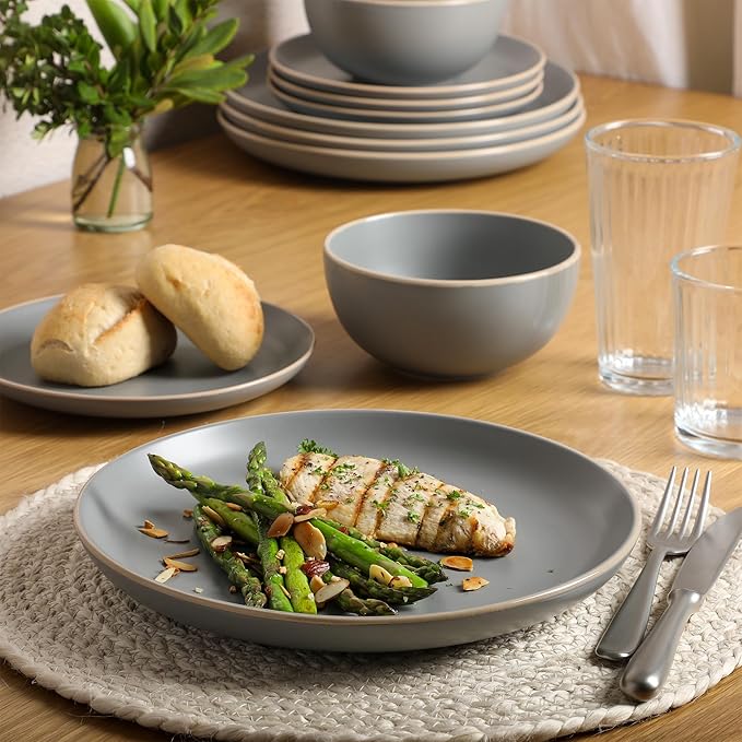 Gibson Home Rockaway 12-Piece Stoneware Dinnerware Set, Matte Finish, Service for 4, Modern Ceramic Plates and Bowls, Microwave & Dishwasher Safe – Soft Gray - Service for 4