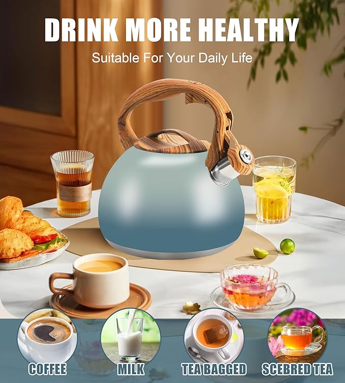 Foedo 3.2Qt Stainless Steel Whistling Tea Kettle Stovetop, Grayish Blue