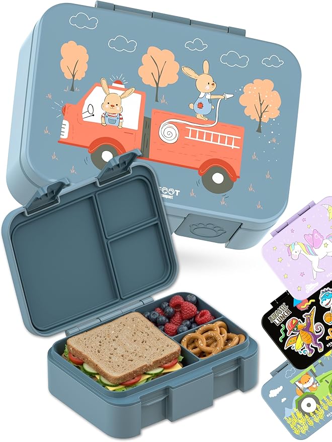 BEARFOOT Kids Lunch Box with Compartments – Compact & Lightweight | Leak-Proof, BPA-Free, Dishwasher Safe | Hand-Drawn Design for Preschool, School, Travel (Firetruck Bunnies Blue, 2.75 Cups)