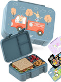 BEARFOOT Kids Lunch Box with Compartments – Compact & Lightweight | Leak-Proof, BPA-Free, Dishwasher Safe | Hand-Drawn Design for Preschool, School, Travel (Firetruck Bunnies Blue, 2.75 Cups)
