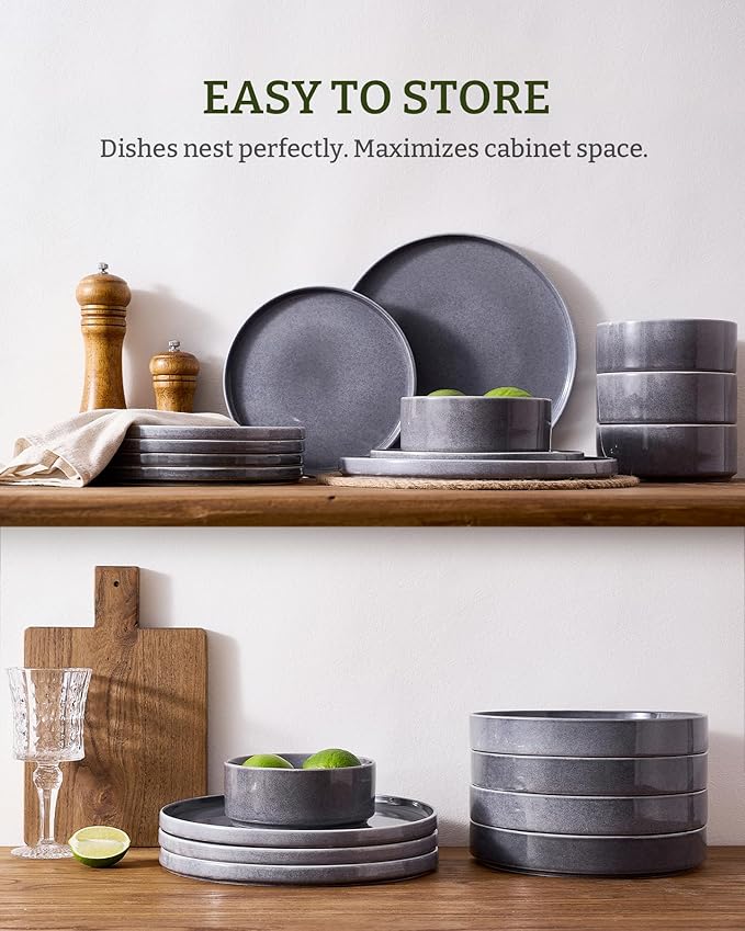 Famiware Annecy 16-Piece Stoneware Plates and Bowls, Misty Blue