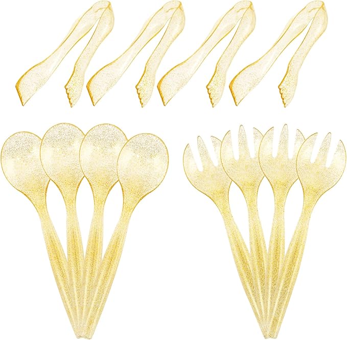 Supernal 72pcs Gold Glitter Plastic Serving Utensils Set for Party &Buffet