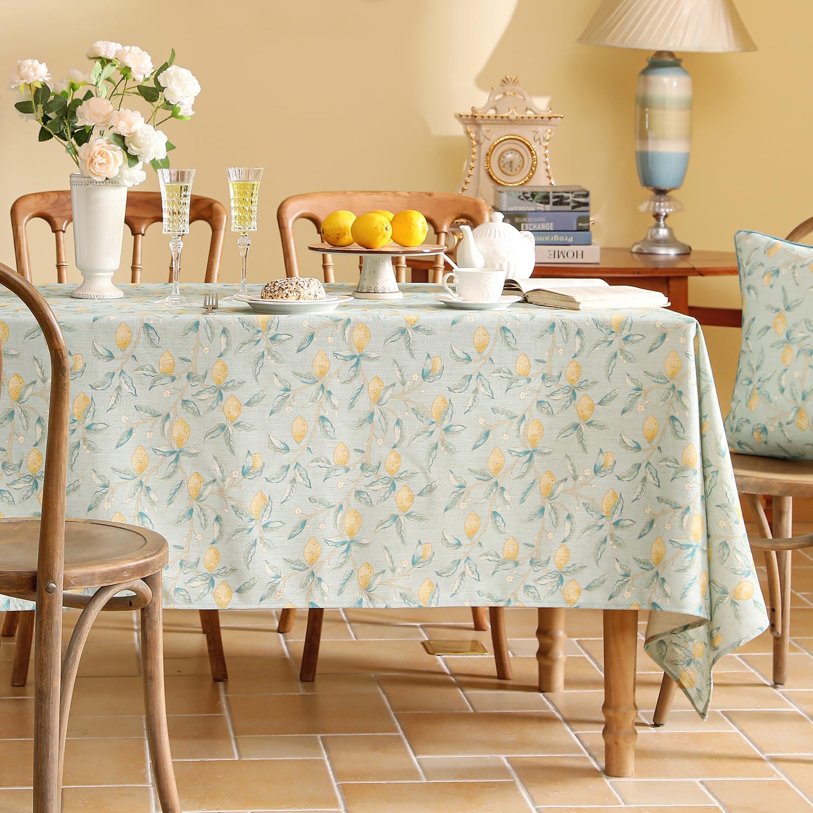 patdrea Designer Linen Green Long Tablecloth for Rectangle Table,Vintage Breathable Yellow Fruits Pattern Table Cloth,Decor Cover for Kitchen Dining,Christmas,Thanksgiving,Party,63"x102"-Ania a