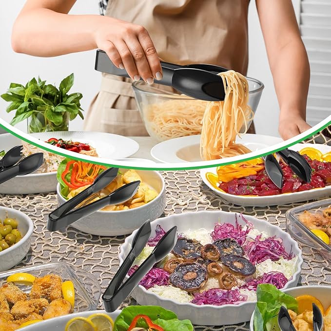 Patelai 12 Pcs 6 Inch Utility Tong Plastic Serving Tongs Bulk Scalloped Serving Utensils Charcuterie Accessories Heavy Duty Tongs for Cooking Appetizers Food Catering Dinner Party (Black)