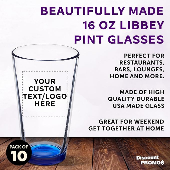 Custom Pint Glass 16 oz. Set of 10, Personalized Bulk Pack - Beer Glasses, Heavy Duty Drinkware - Blue