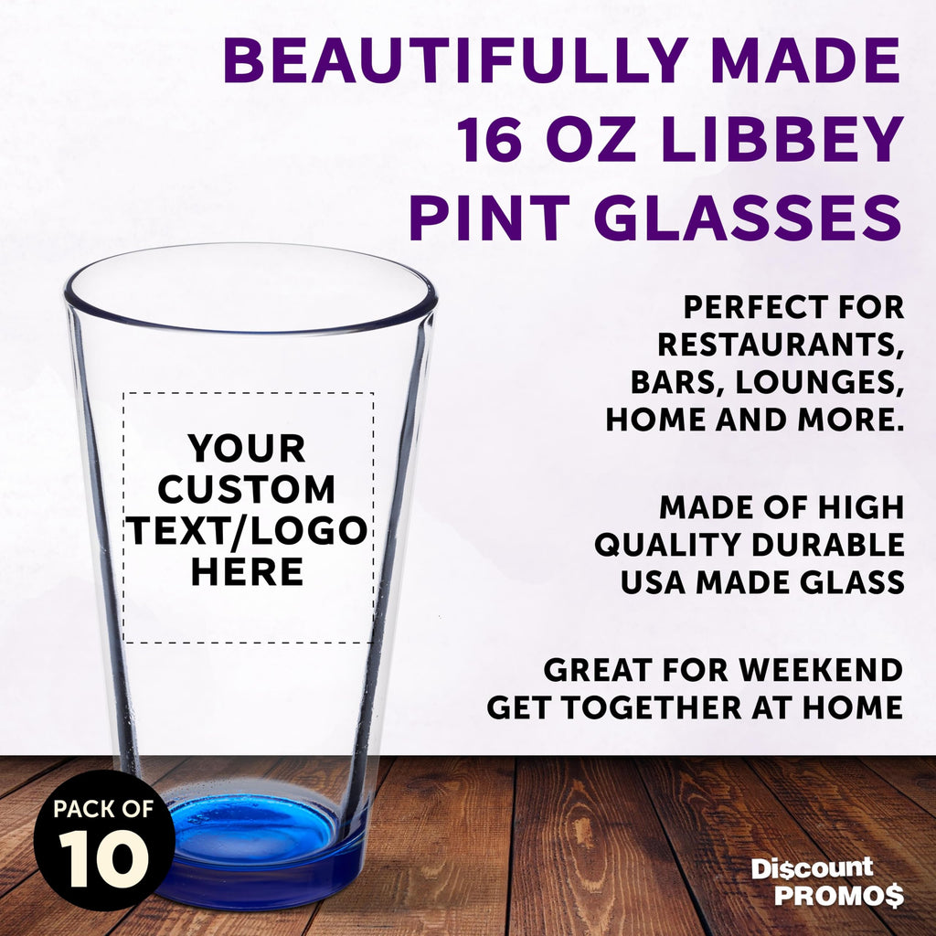 Custom Pint Glass 16 oz. Set of 10, Personalized Bulk Pack - Beer Glasses, Heavy Duty Drinkware - Blue