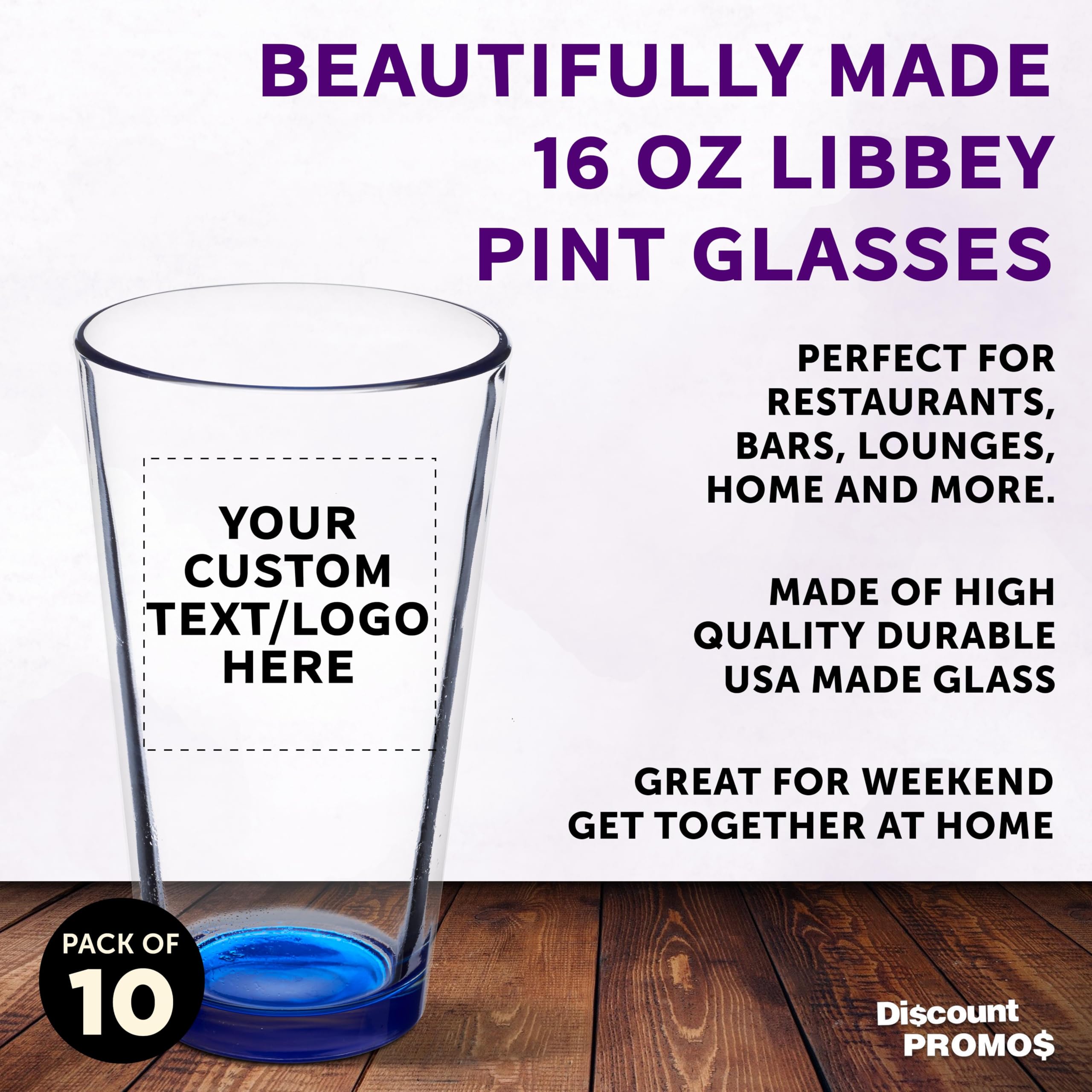 Custom Pint Glass 16 oz. Set of 10, Personalized Bulk Pack - Beer Glasses, Heavy Duty Drinkware - Blue