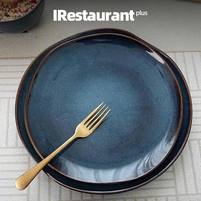 Organic Shape Highland Ceramic Dinner Plates, 12pcs 10.5 Inch Handmade Reactive Glaze Stoneware Plates with Wavy Edge, for Kitchen, Microwave & Dishwasher Safe, Scratch Resistant-Blue
