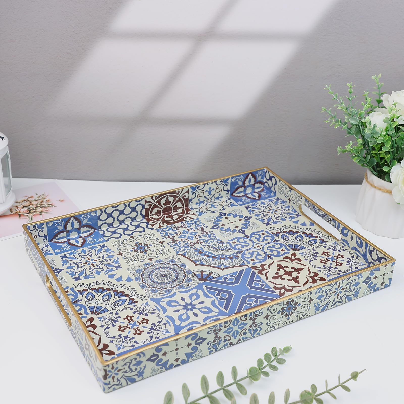 Spsyrine Decorative Serving Tray with Handles, Lacquered Coffee Table Tray for Ottoman, Rectangular Waterproof Platters for Centerpieces, Parties, Living Room, Kitchen Counter Organization SP3040RE1