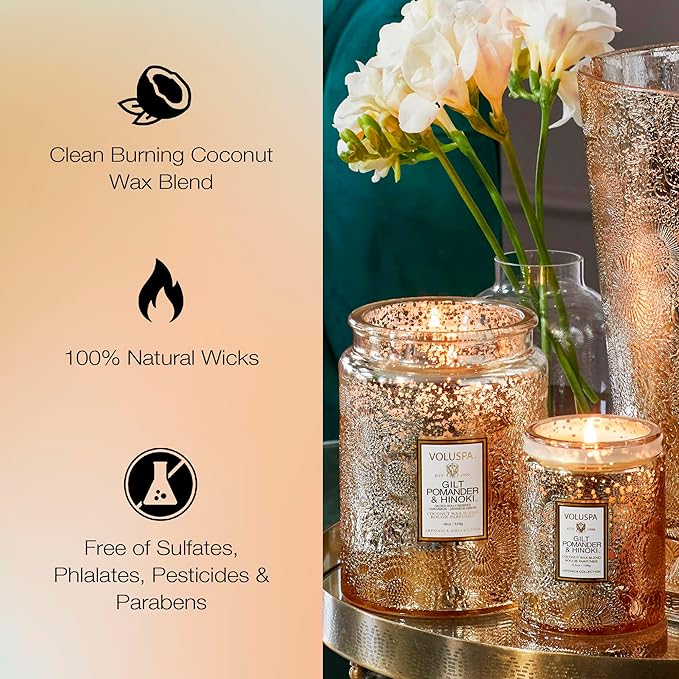 Gilt Pomander Hinoki, Large Candle Jar, 18 oz, 100 Hour Burn Time, Coconut Wax for Clean Burning, Handcrafted in the USA