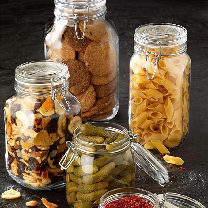Bormioli Rocco Fido Squared Wide Mouth Glass Jar with Airtight Gasket Clamp Lid for Canning and Food Storage, Clear Top, 67.75 oz.