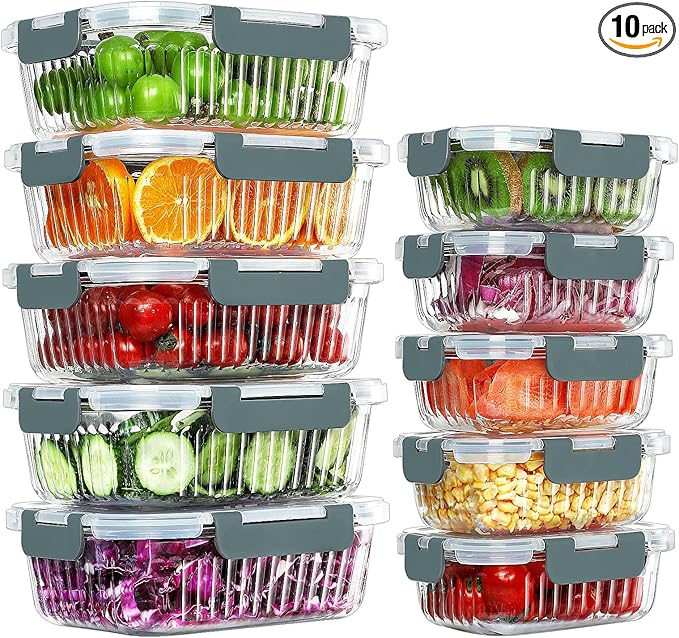 KOMUEE 10 Packs Glass Meal Prep Containers with Lids, Glass Food Storage Containers Set, Airtight Lunch Containers, Microwave, Oven, Freezer and Dishwasher Safe