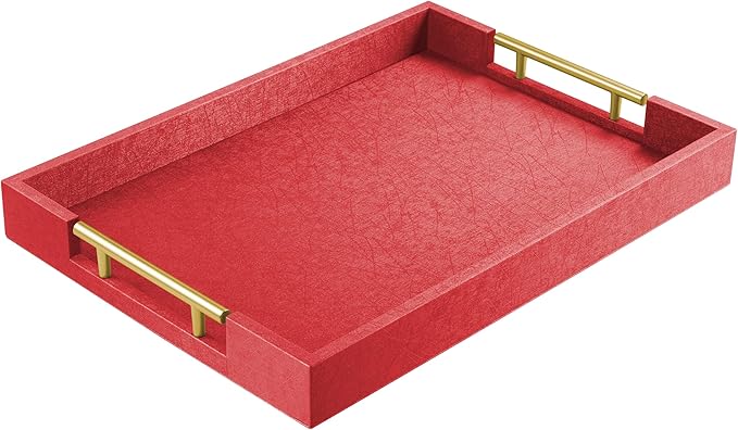 ATZYmolin 17"x12" Leather Serving Tray, Gold Handle Vanity Platter, Red