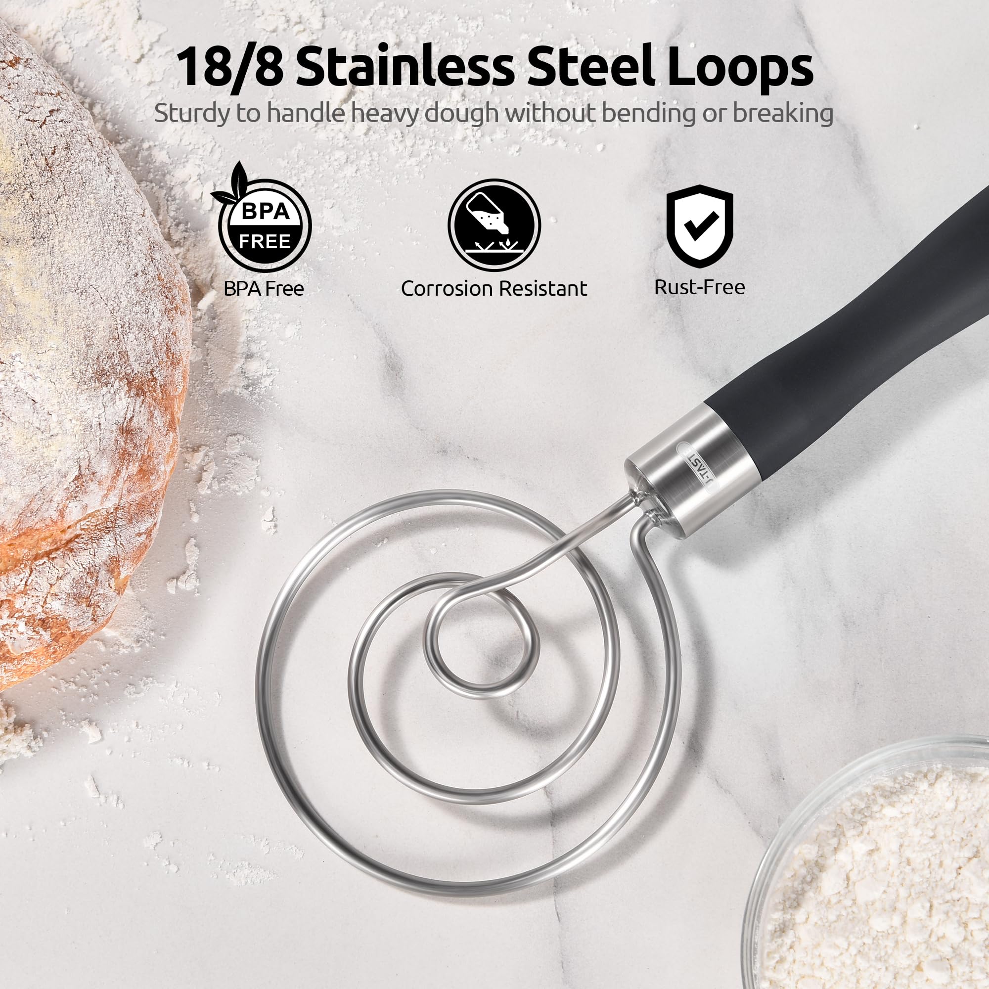 U-Taste Danish Dough Whisk 18/8 Stainless Steel Sourdough Mixer, Black