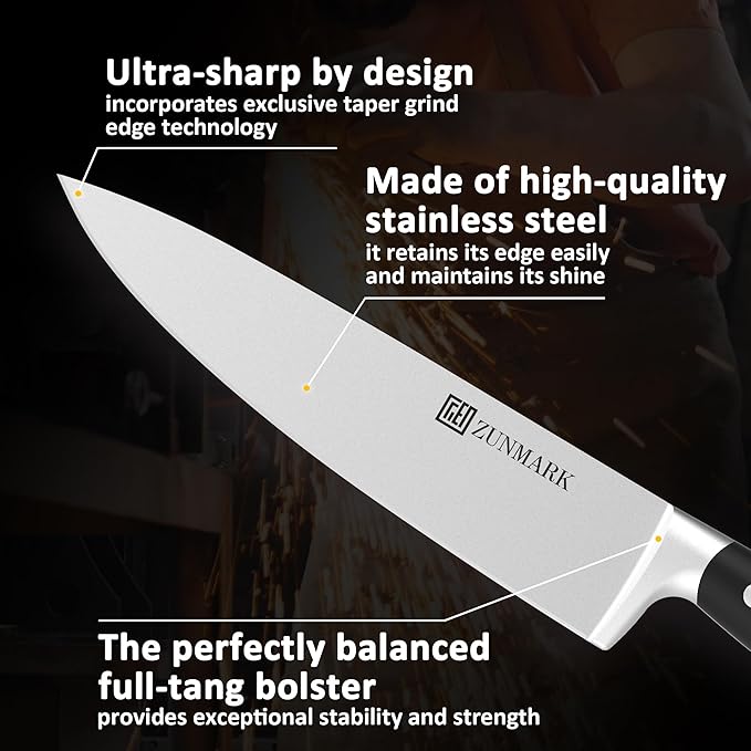 ZUNMARK Kitchen Knife Set, Skylark Series 6-Piece High Carbon X50CrMoV15 Steel Professional Chef Knife Set with Solid Wood Block, Unique Design Knife Block Set, Dishwasher Safe, Elegant Black