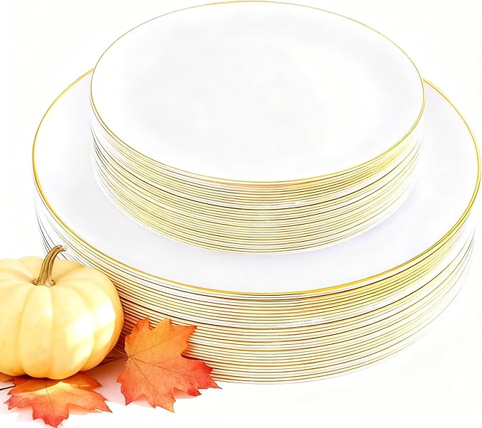 KIRE 60PCS Gold Plastic Plates - Heavy Duty White Disposable Plates with Gold Rim - Include 30Pieces 10.25inch Dinner Plate and 30Pcs 7.5inch Dessert Plate for Wedding/Spring/Graduation/Party