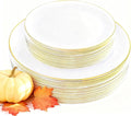 KIRE 60PCS Gold Plastic Plates - Heavy Duty White Disposable Plates with Gold Rim - Include 30Pieces 10.25inch Dinner Plate and 30Pcs 7.5inch Dessert Plate for Wedding/Spring/Graduation/Party
