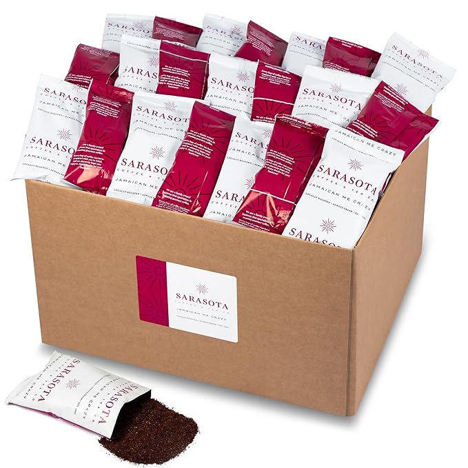 Coffee Packets – Bulk Jamaican Me Crazy Coffee Fractional Packs | Gourmet Flavored 1.75 oz Single-Pot Pouches for 12 Cup Brewers | Low Acid Mold Free Assorted Sampler Box, 100 Count – Sarasota