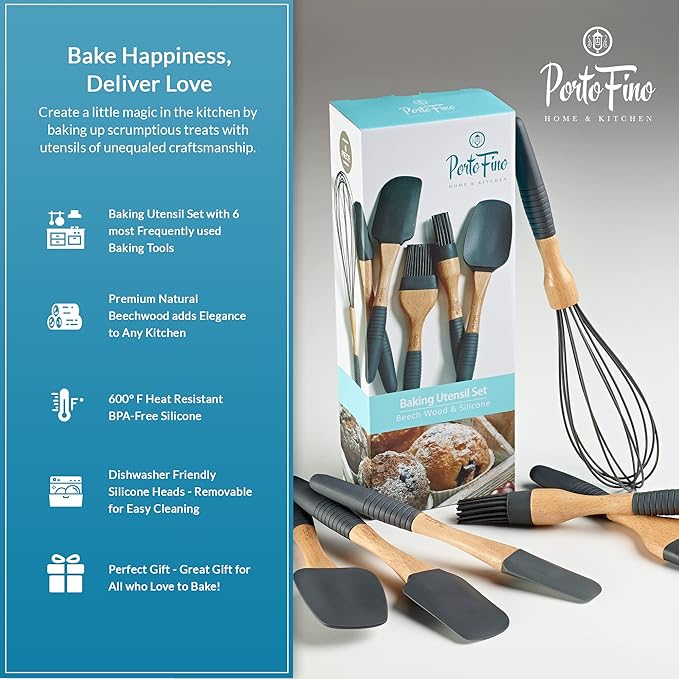 PortoFino Baking Utensils Set 6 Pieces, Baking Essentials, Set of 3 Spatulas, 2 Pastry Brushes, 1 Whisk, Baking Tools, Spatulas Silicone Heat Resistant, Silicone Cooking Utensils, Kitchen Gifts, Grey